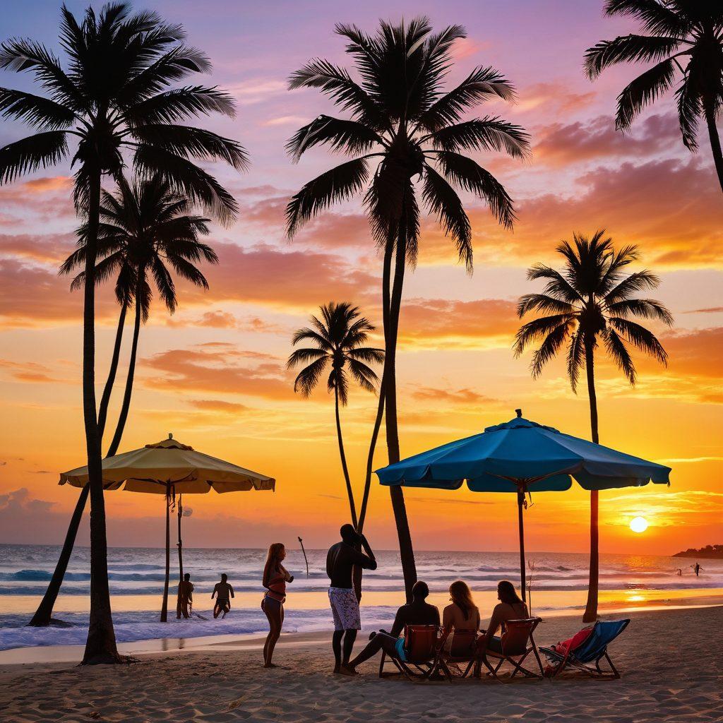 A captivating beach scene showcasing a diverse group of men and women in stylish bikinis, with men gazing admiringly as they engage in playful activities, such as beach volleyball and sunbathing. The sun sets in the background, casting a warm glow, accentuating the vibrant colors of the bikinis and the carefree atmosphere. Include subtle elements like palm trees and beach towels to enhance the summer vibe. super-realistic. vibrant colors. sunset backdrop.